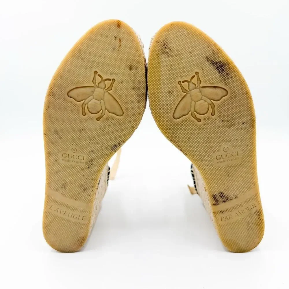 Gucci GG Espadrille Wedge Sandal EU 38 US 8 Monogram Canvas Ankle Wrap